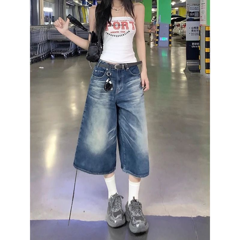 小個子美式復古水洗直筒七分牛仔短褲女夏季高腰闊腿寬松百搭中褲