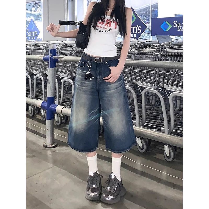 小個子美式復古水洗直筒七分牛仔短褲女夏季高腰闊腿寬松百搭中褲