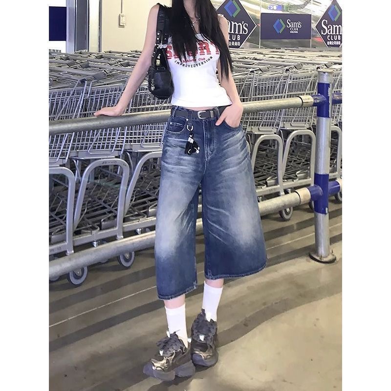 小個子美式復古水洗直筒七分牛仔短褲女夏季高腰闊腿寬松百搭中褲