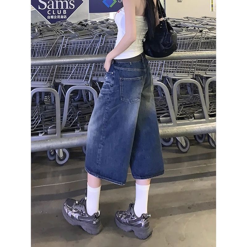 小個子美式復古水洗直筒七分牛仔短褲女夏季高腰闊腿寬松百搭中褲