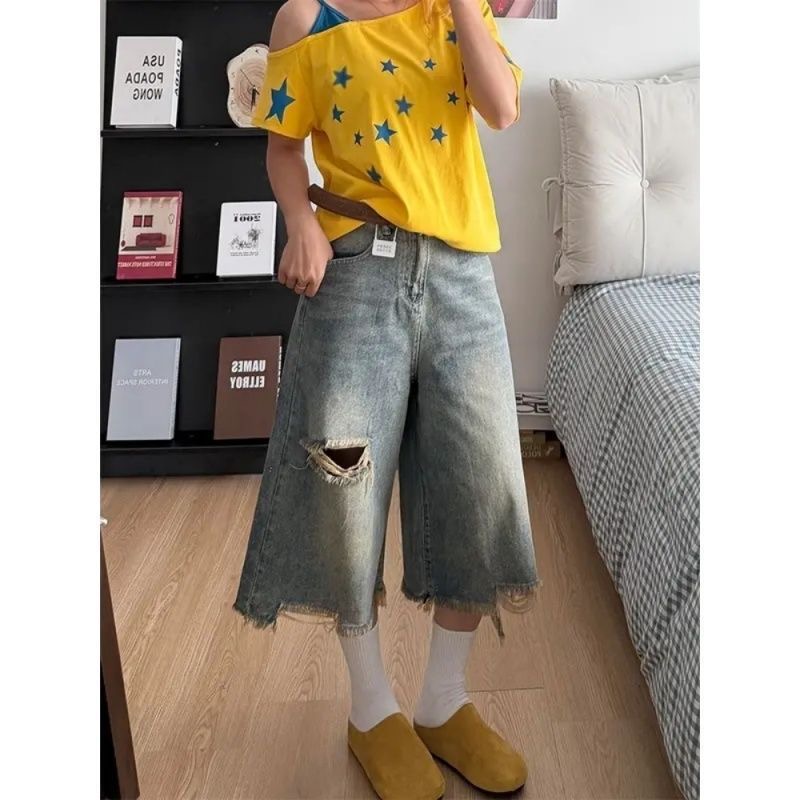 小個子美式直筒破洞牛仔短褲女夏季高街闊腿寬松顯瘦百搭七分中褲