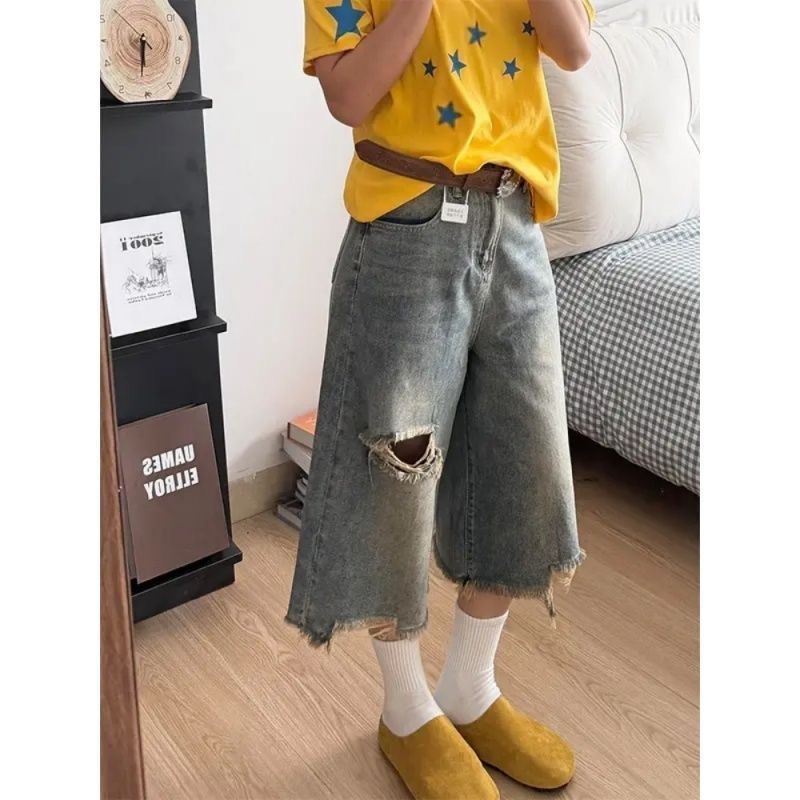小個子美式直筒破洞牛仔短褲女夏季高街闊腿寬松顯瘦百搭七分中褲
