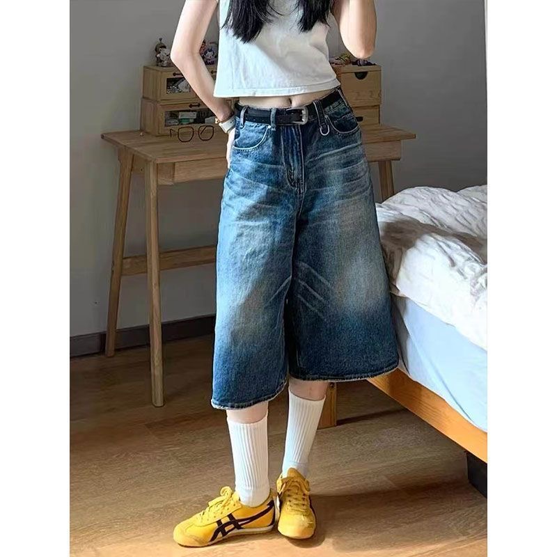 小個子美式復古水洗直筒七分牛仔短褲女夏季高腰闊腿寬松百搭中褲
