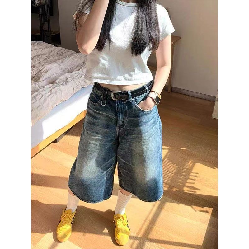 小個子美式復古水洗直筒七分牛仔短褲女夏季高腰闊腿寬松百搭中褲