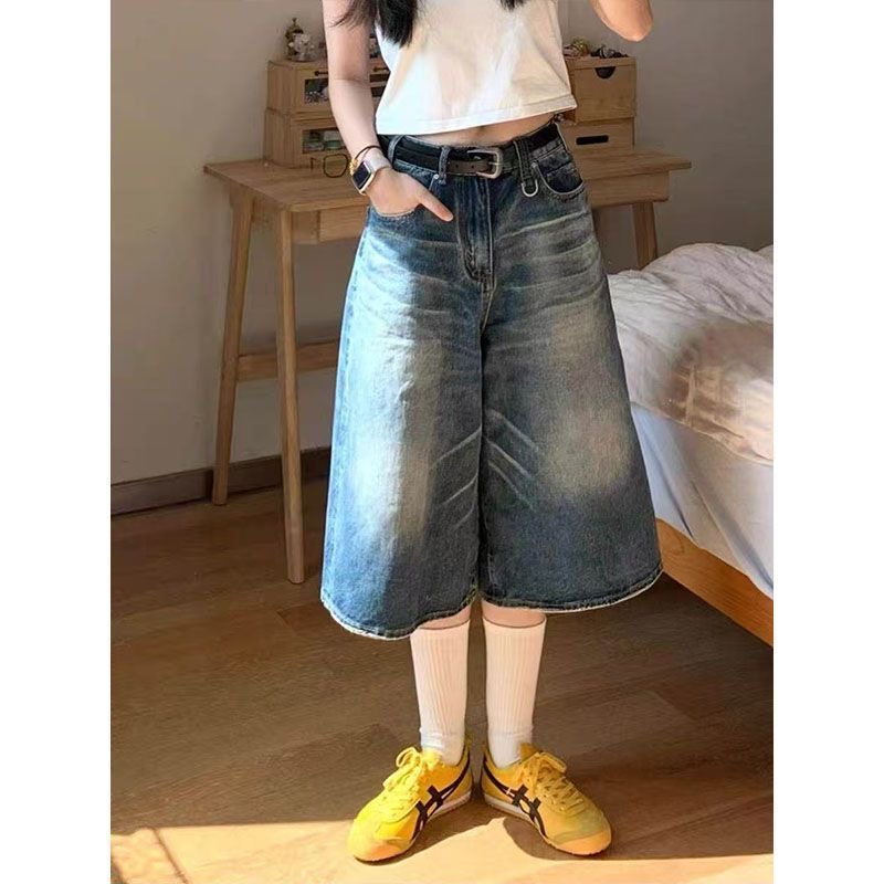 小個子美式復古水洗直筒七分牛仔短褲女夏季高腰闊腿寬松百搭中褲