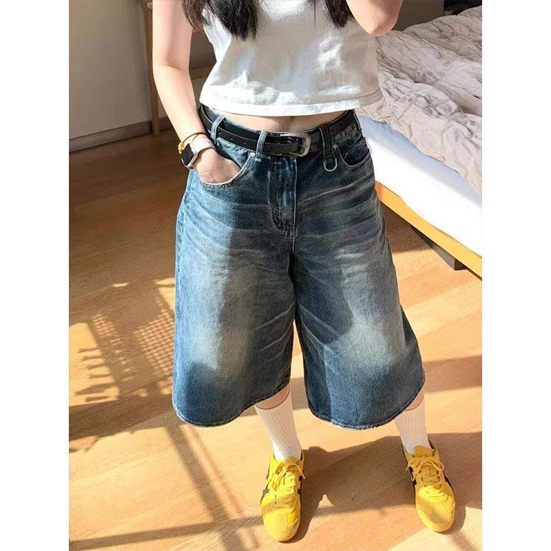 小個子美式復古水洗直筒七分牛仔短褲女夏季高腰闊腿寬松百搭中褲