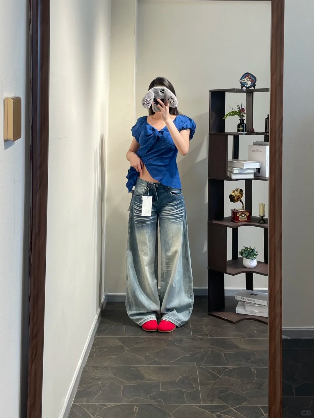 小個子美式口袋刺繡闊腿牛仔褲女夏季新款低腰寬松直筒拖地褲