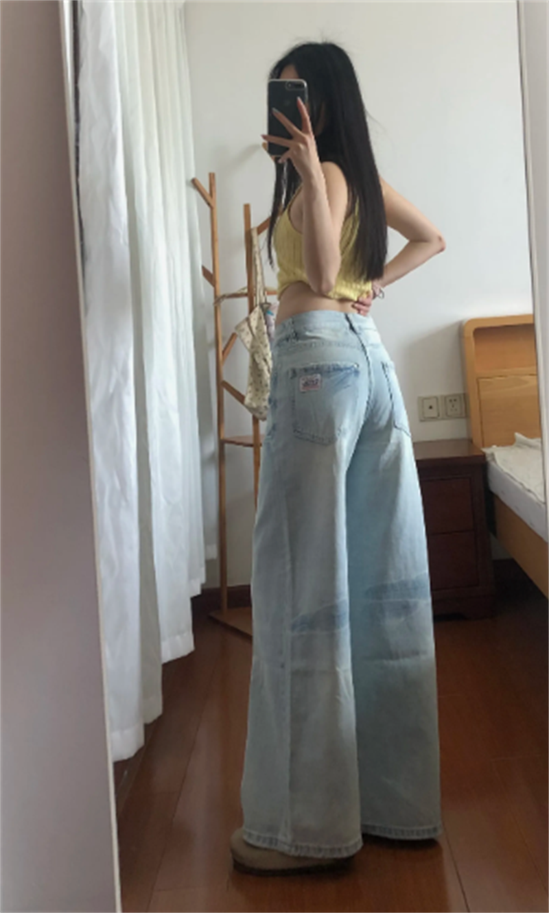 小個子美式復古淺色水洗闊腿牛仔褲女低腰寬松顯瘦直筒拖地褲