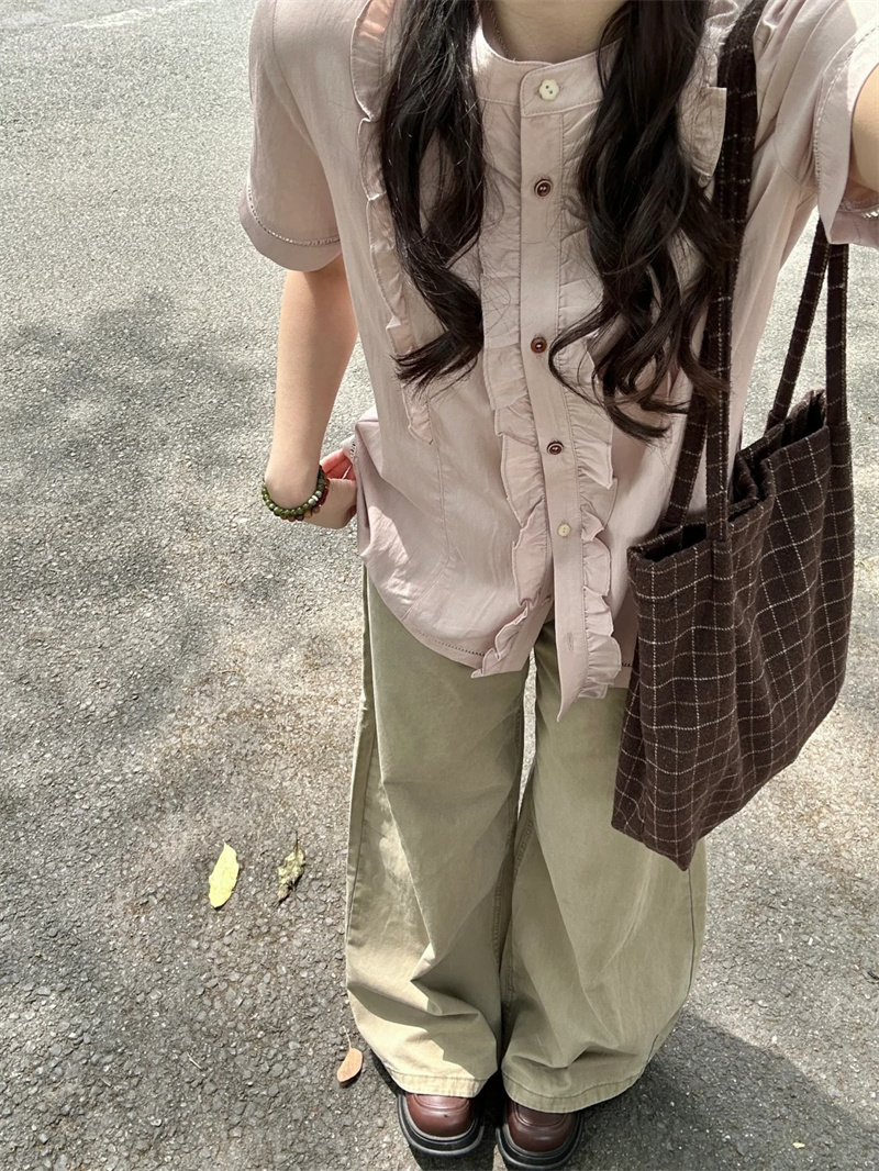 小個子美式卡其色寬松水洗闊腿牛仔褲女新款高腰顯瘦直筒拖地長褲