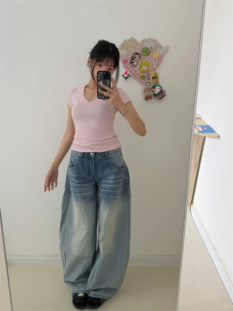 小個子美式口袋刺繡闊腿牛仔褲女夏季新款低腰寬松直筒拖地褲