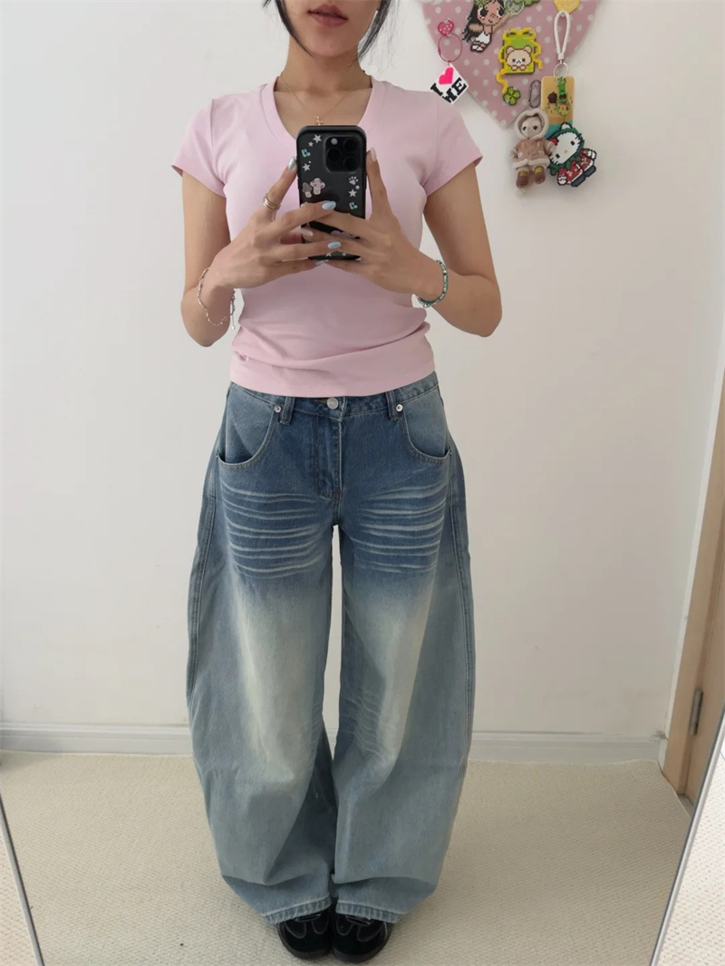 小個子美式口袋刺繡闊腿牛仔褲女夏季新款低腰寬松直筒拖地褲
