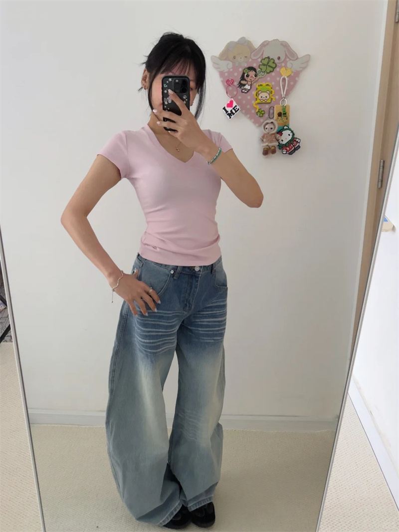 小個子美式口袋刺繡闊腿牛仔褲女夏季新款低腰寬松直筒拖地褲