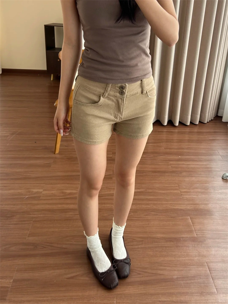 小個子美式辣妹雙扣卡其色牛仔短褲女高腰修身顯瘦提臀a字熱褲