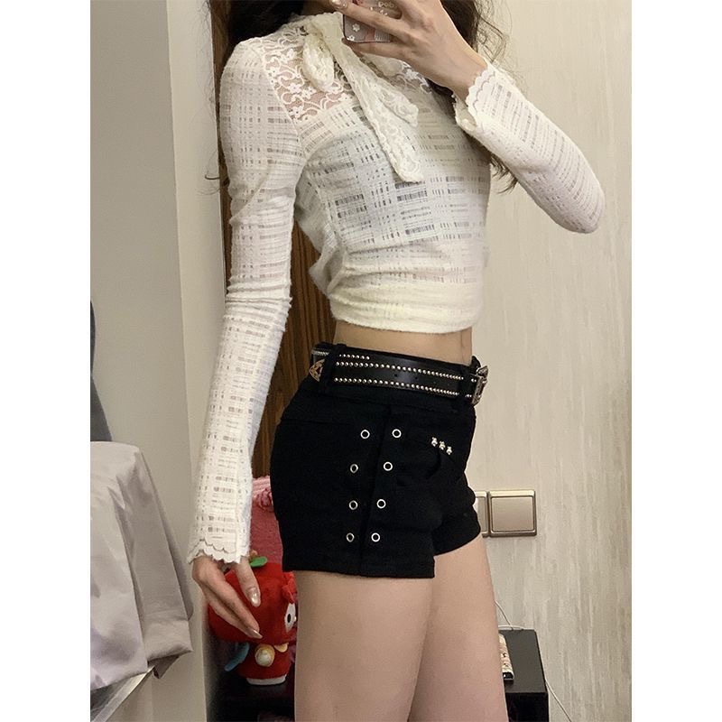 小個子美式辣妹黑色鉚釘低腰牛仔短褲女夏季緊身顯瘦包臀超短熱褲