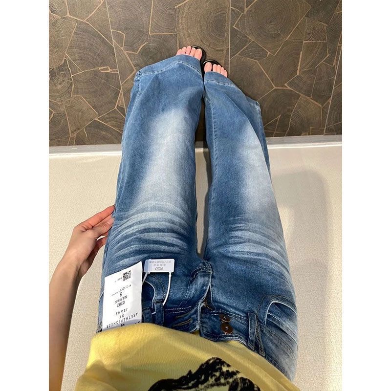 小個子美式辣妹水洗藍微喇闊腿牛仔褲女低腰寬松顯瘦喇叭拖地長褲