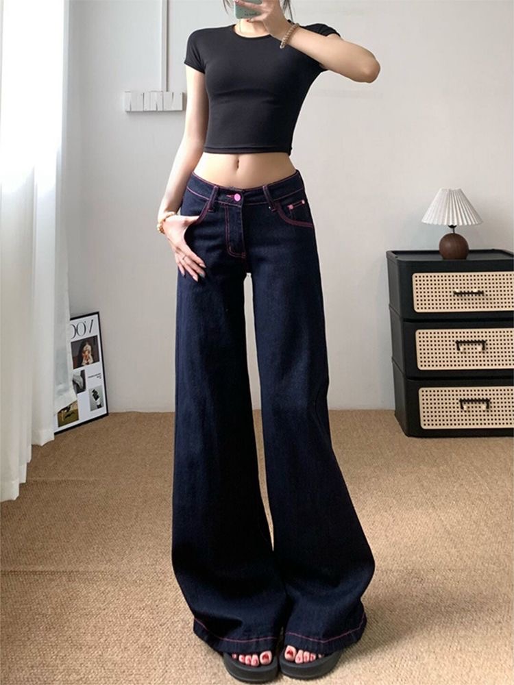 小個子復古闊腿牛仔褲女新款辣妹低腰寬松垂感百搭直筒褲
