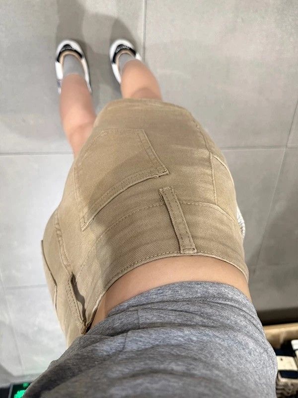 小個子美式辣妹雙扣卡其色牛仔短褲女高腰修身顯瘦提臀a字熱褲