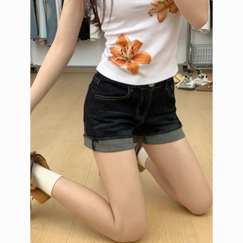 小個子辣妹高腰顯瘦牛仔超短褲女夏季新款深藍色設計感卷邊熱褲子