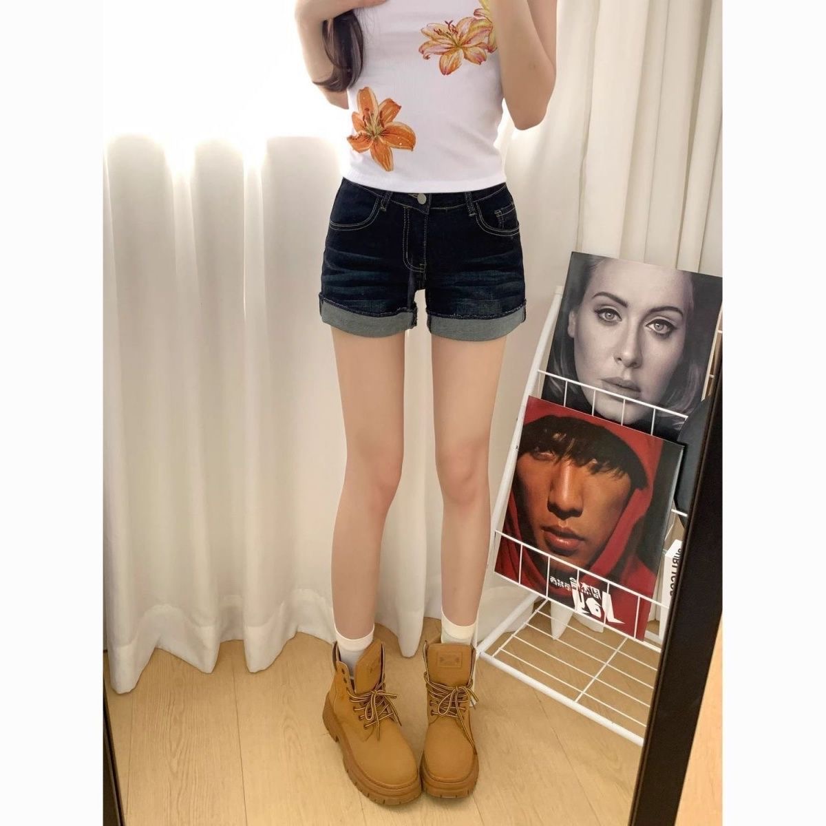 小個子辣妹高腰顯瘦牛仔超短褲女夏季新款深藍色設計感卷邊熱褲子