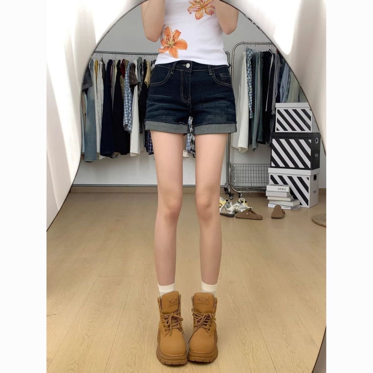 小個子辣妹高腰顯瘦牛仔超短褲女夏季新款深藍色設計感卷邊熱褲子
