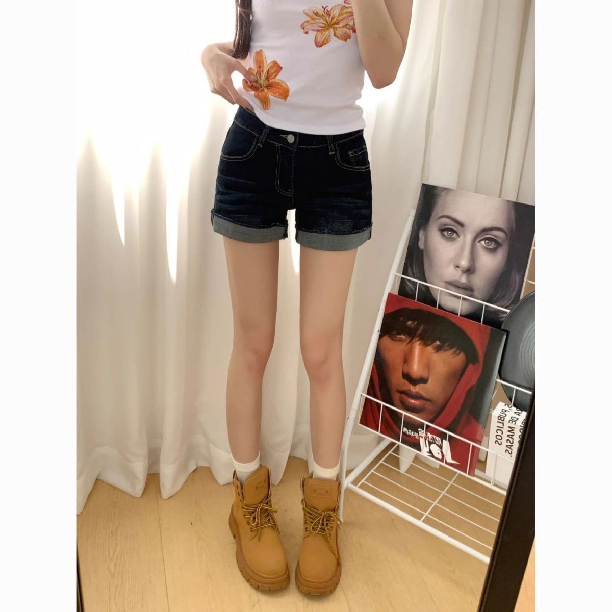 小個子辣妹高腰顯瘦牛仔超短褲女夏季新款深藍色設計感卷邊熱褲子