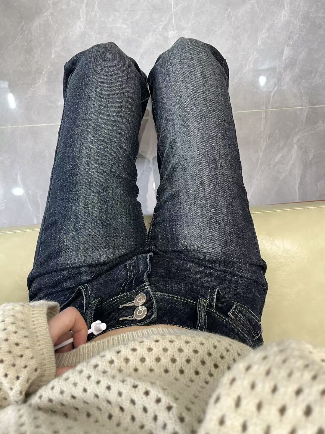 小個子美式復古辣妹高腰窄版微喇牛仔褲女直筒修身彈性喇叭褲