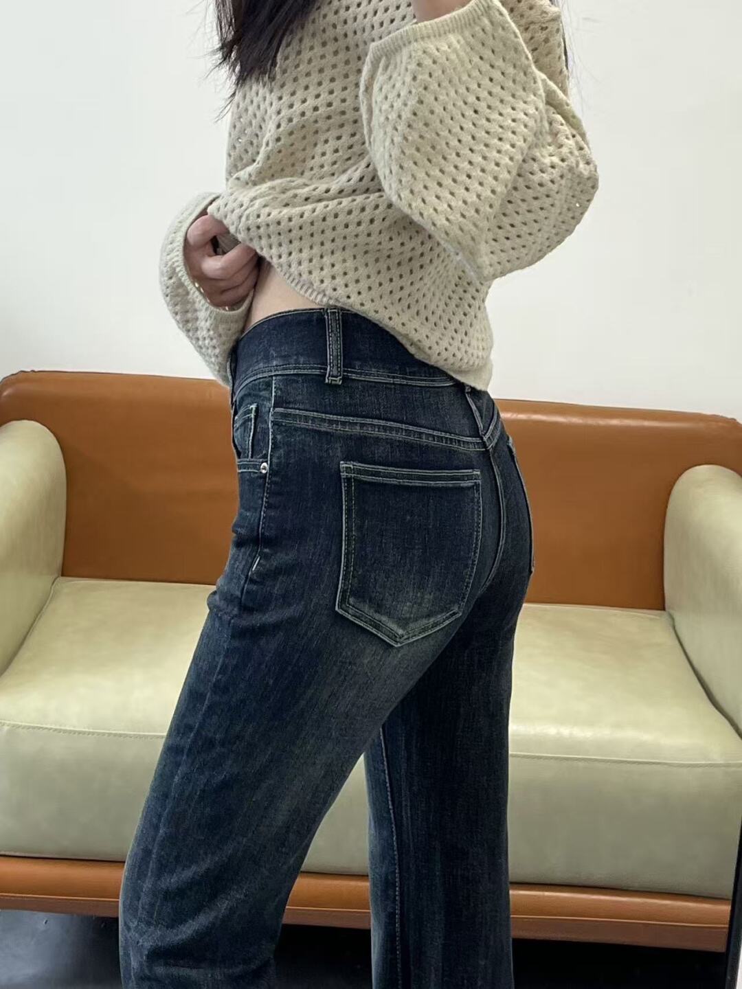 小個子美式復古辣妹高腰窄版微喇牛仔褲女直筒修身彈性喇叭褲