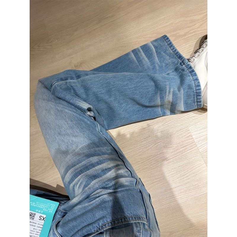 小個子美式折痕水洗寬松闊腿牛仔褲女新款高腰顯瘦直筒拖地褲