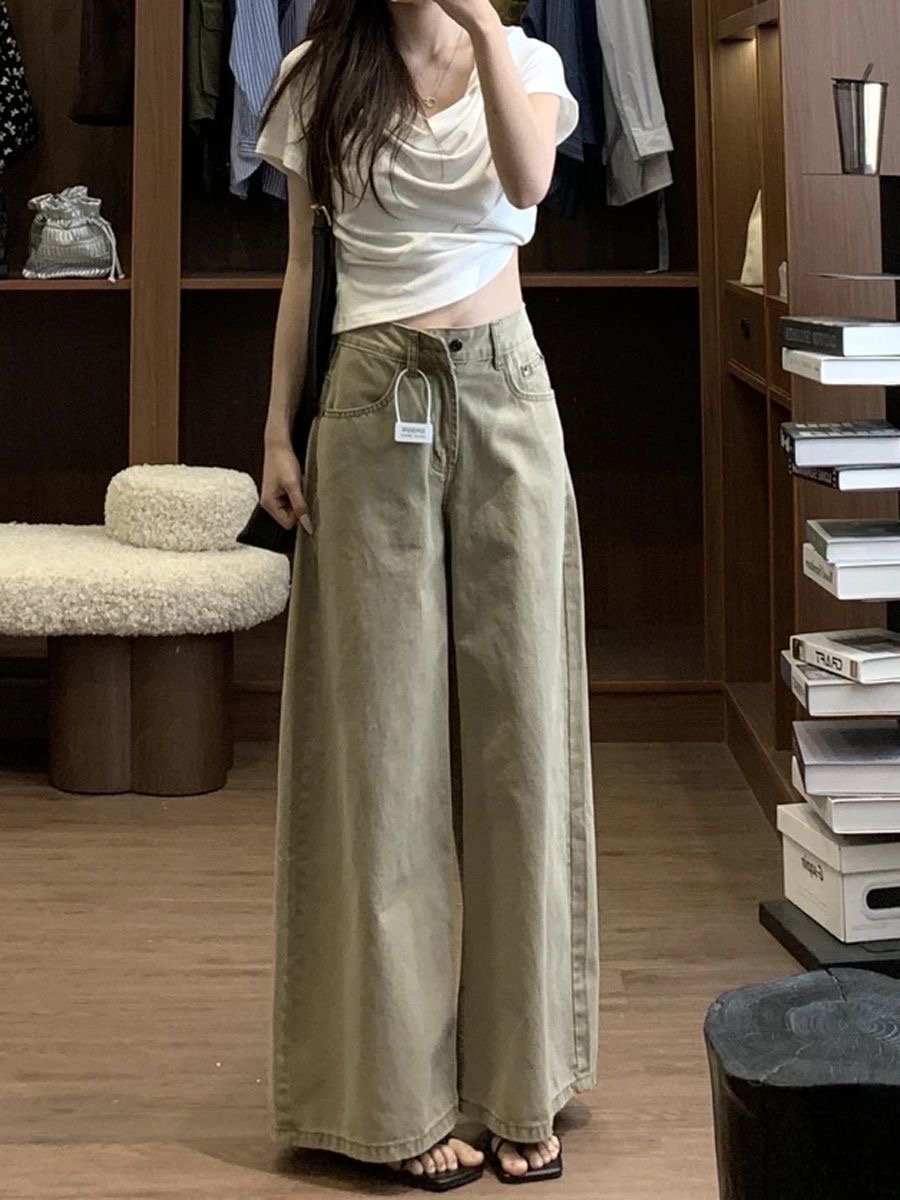 小個子卡其色美式寬松水洗闊腿牛仔褲女高腰顯瘦直筒拖地長褲