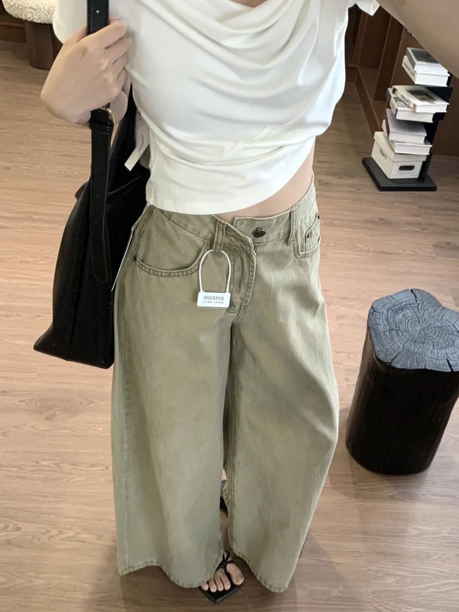 小個子卡其色美式寬松水洗闊腿牛仔褲女高腰顯瘦直筒拖地長褲