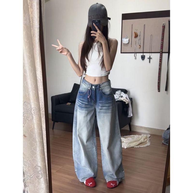 小個子美式口袋刺繡闊腿牛仔褲女夏季低腰寬松直筒拖地褲