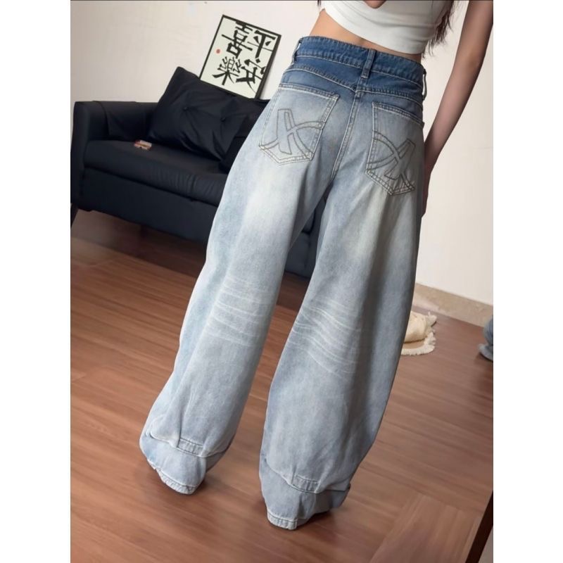 小個子美式口袋刺繡闊腿牛仔褲女夏季低腰寬松直筒拖地褲