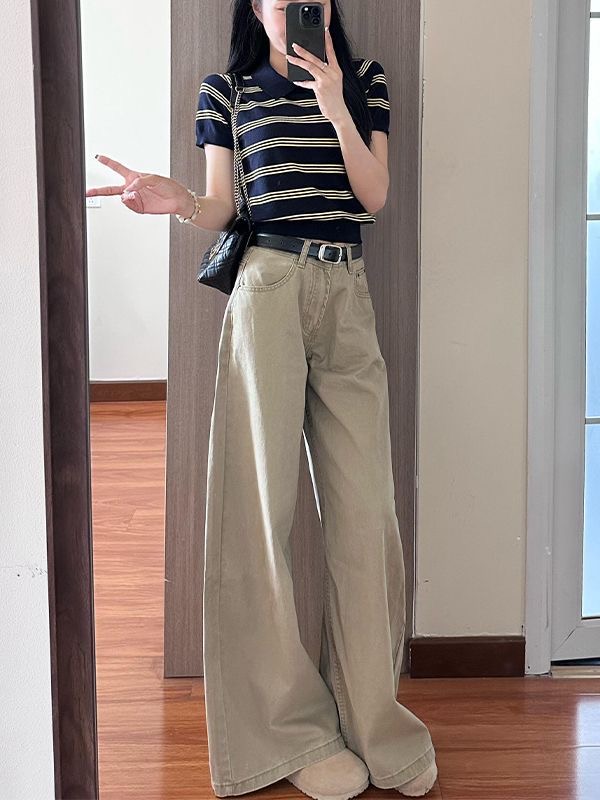 小個子卡其色美式寬松水洗闊腿牛仔褲女高腰顯瘦直筒拖地長褲