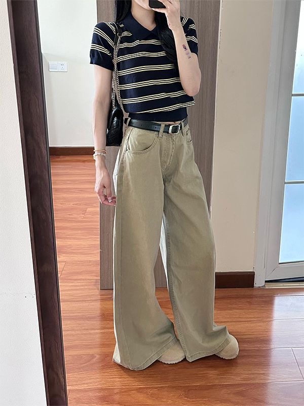 小個子卡其色美式寬松水洗闊腿牛仔褲女高腰顯瘦直筒拖地長褲