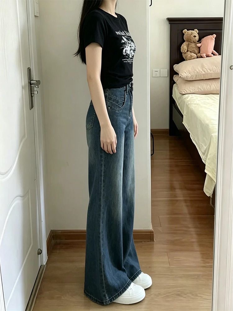小個子美式高街闊腿微喇牛仔褲女設計感高腰彈力馬蹄喇叭長褲