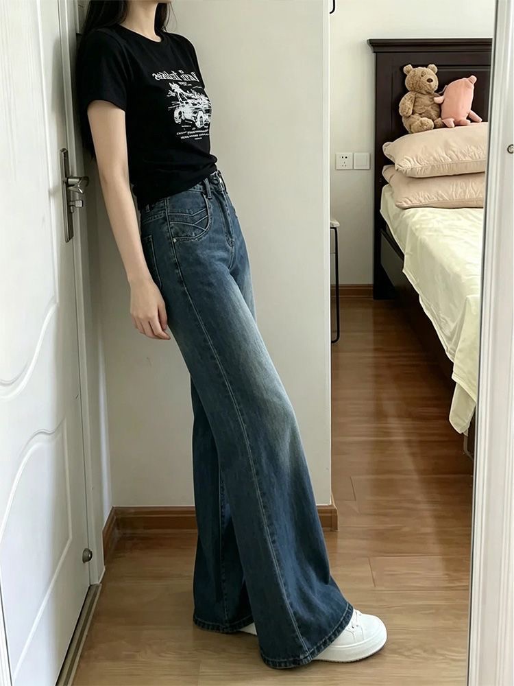 小個子美式高街闊腿微喇牛仔褲女設計感高腰彈力馬蹄喇叭長褲