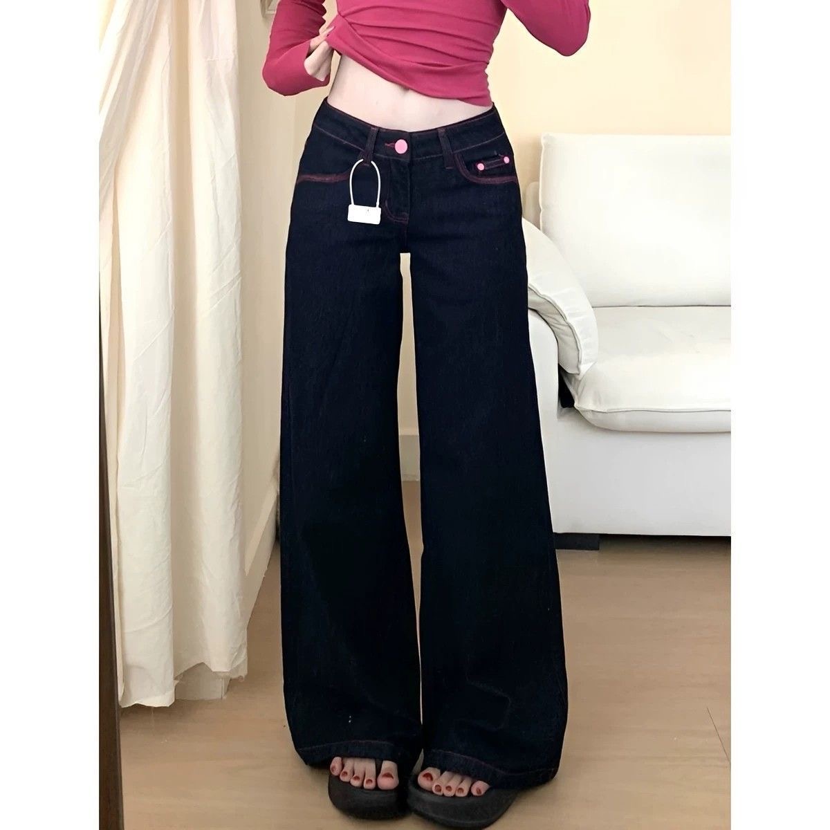 小個子美式辣妹撞色低腰闊腿牛仔褲女直筒寬松顯瘦垂感拖地褲子