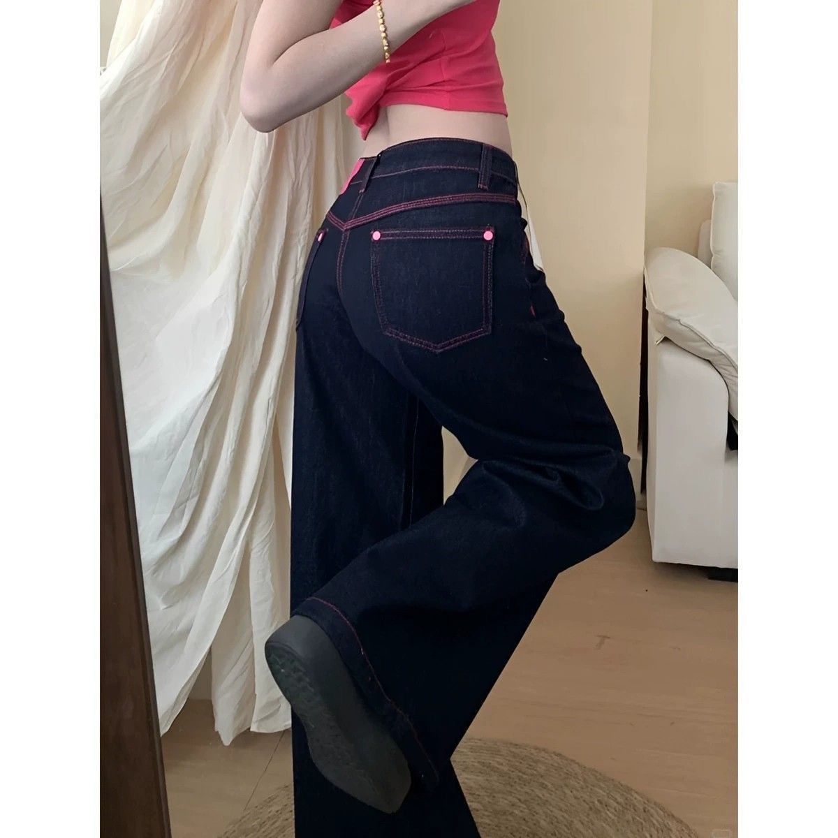 小個子美式辣妹撞色低腰闊腿牛仔褲女直筒寬松顯瘦垂感拖地褲子