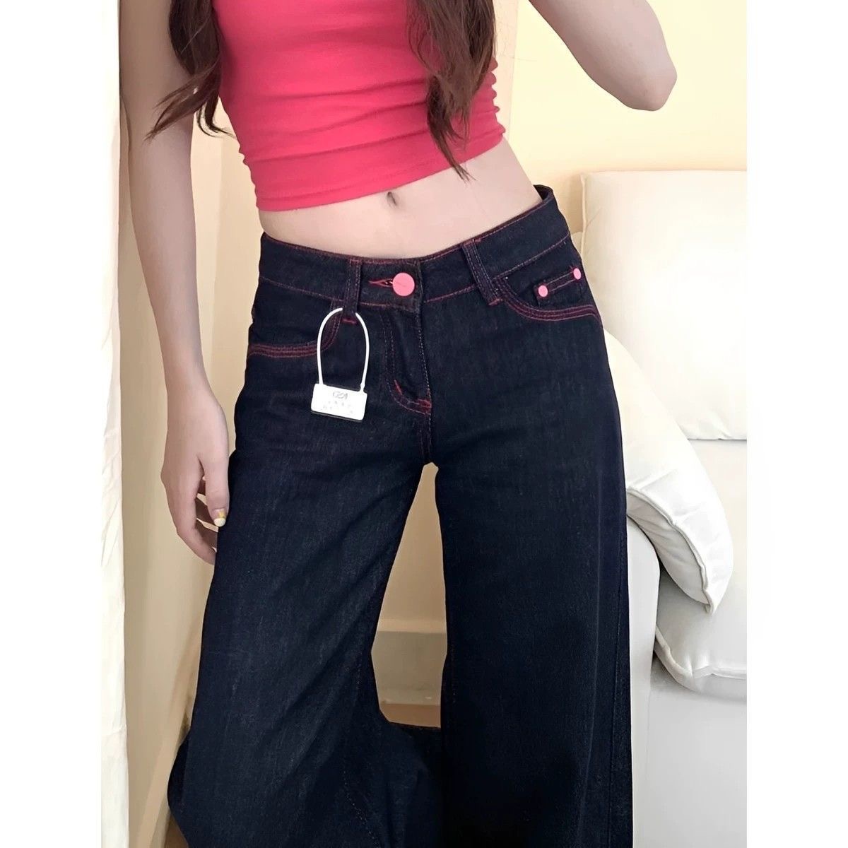 小個子美式辣妹撞色低腰闊腿牛仔褲女直筒寬松顯瘦垂感拖地褲子