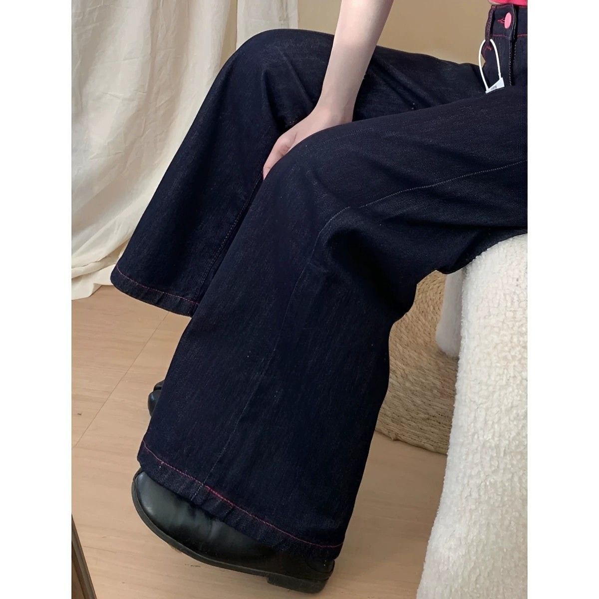 小個子美式辣妹撞色低腰闊腿牛仔褲女直筒寬松顯瘦垂感拖地褲子
