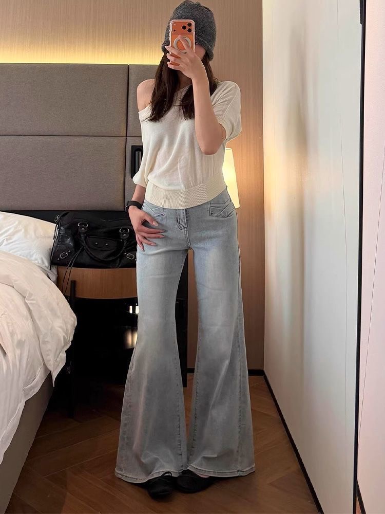 小個子淺藍色復古水洗不貼腿微喇牛仔褲女高腰彈力喇叭拖地褲