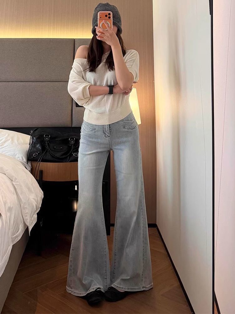 小個子淺藍色復古水洗不貼腿微喇牛仔褲女高腰彈力喇叭拖地褲