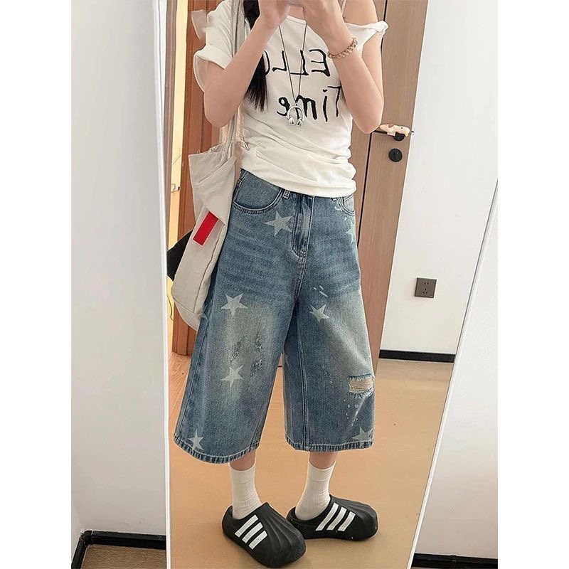 小個子美式復古星星印花牛仔七分短褲女夏季高腰寬松顯瘦直筒中褲