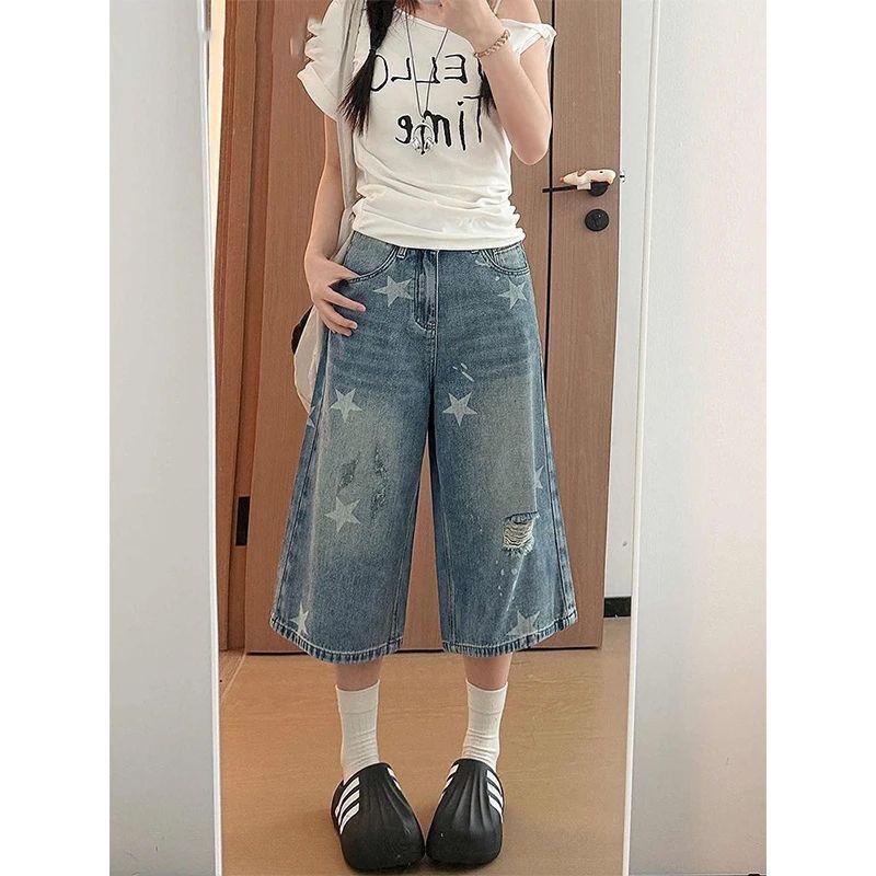 小個子美式復古星星印花牛仔七分短褲女夏季高腰寬松顯瘦直筒中褲