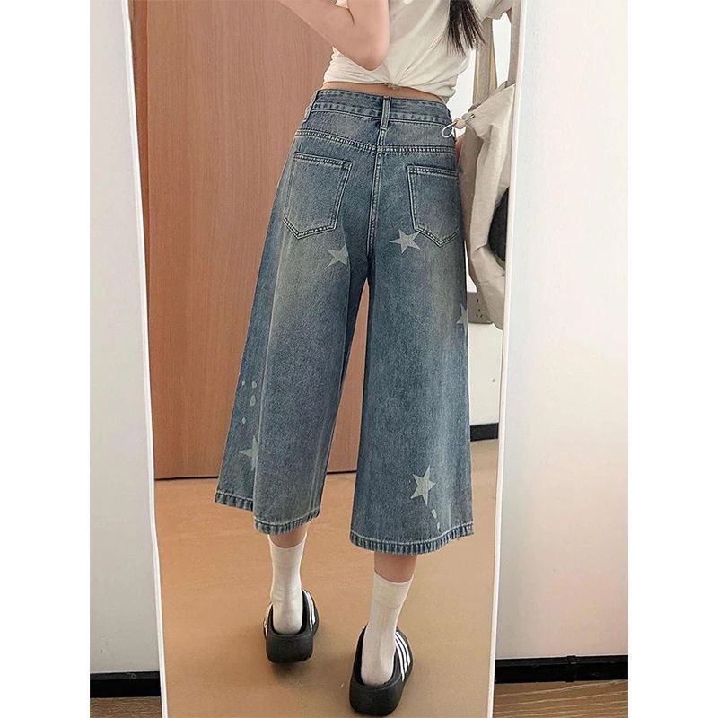 小個子美式復古星星印花牛仔七分短褲女夏季高腰寬松顯瘦直筒中褲