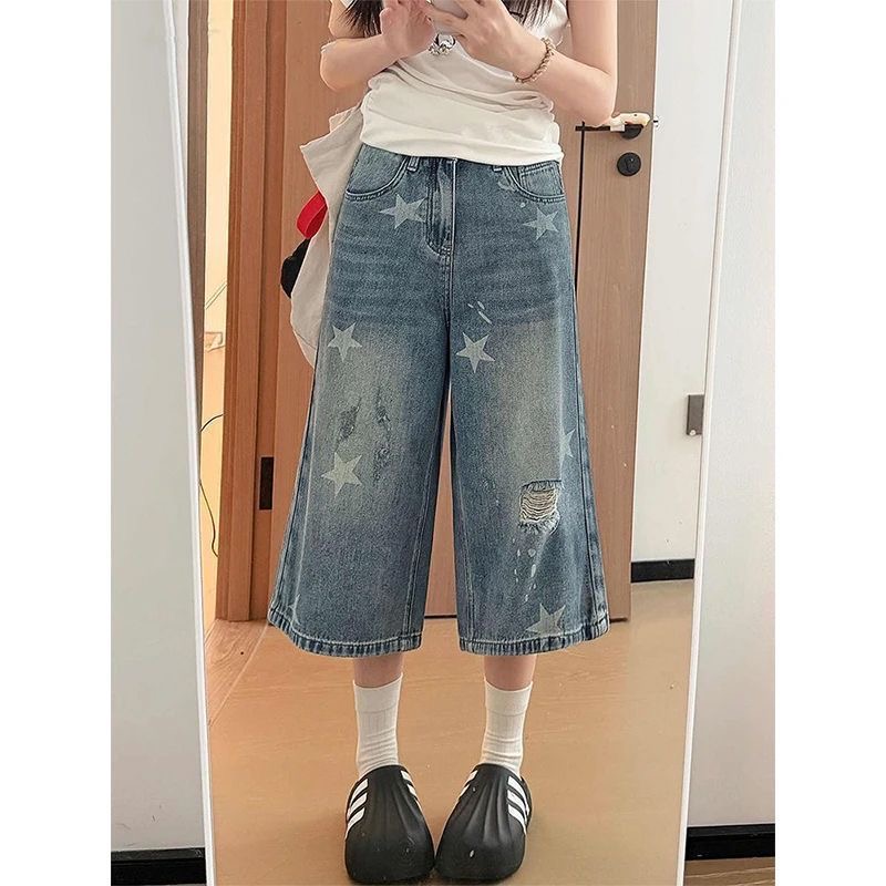 小個子美式復古星星印花牛仔七分短褲女夏季高腰寬松顯瘦直筒中褲