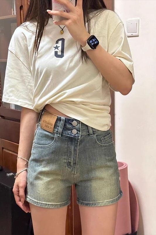 小個子美式高街復古彈力牛仔短褲女夏季新款高腰顯瘦百搭a字熱褲