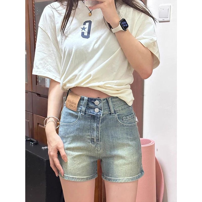 小個子美式高街復古彈力牛仔短褲女夏季新款高腰顯瘦百搭a字熱褲