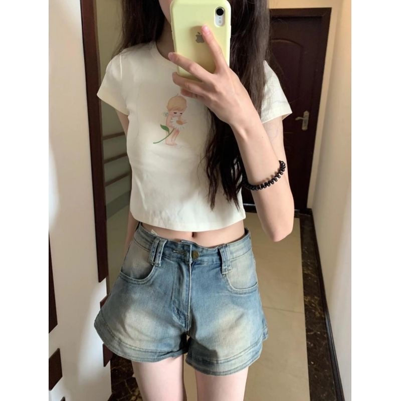 小個子美式復古高街牛仔短褲女夏季薄款辣妹高腰顯瘦做舊a字熱褲