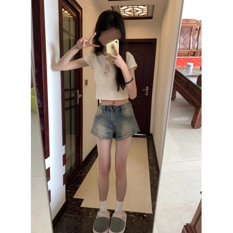 小個子美式復古高街牛仔短褲女夏季薄款辣妹高腰顯瘦做舊a字熱褲